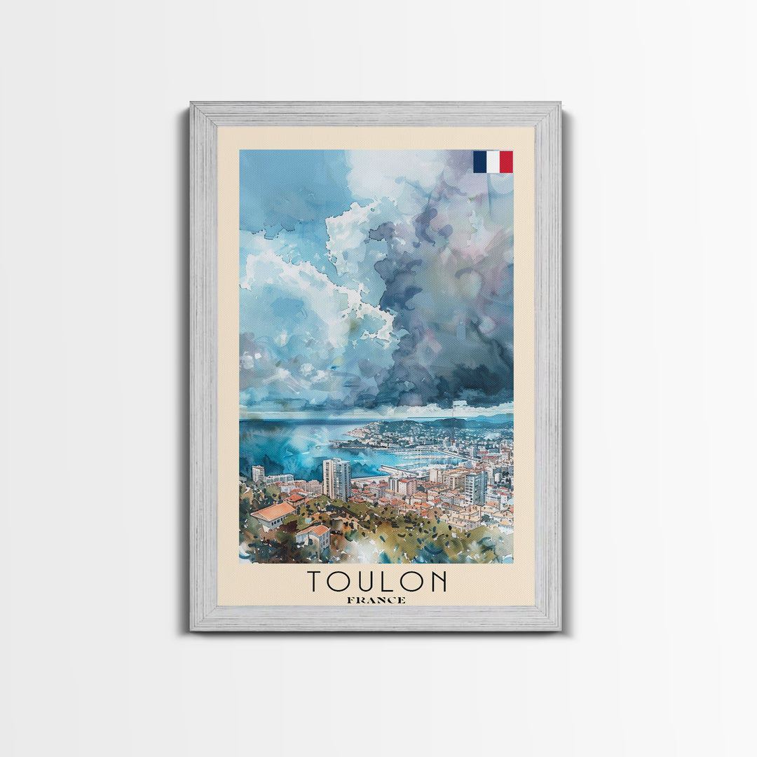 Toulon France Travel Poster Framed Canvas Print, Watercolor Painting, Coastal Wall Art, Home Decor, French Seaside, Nautical Decor