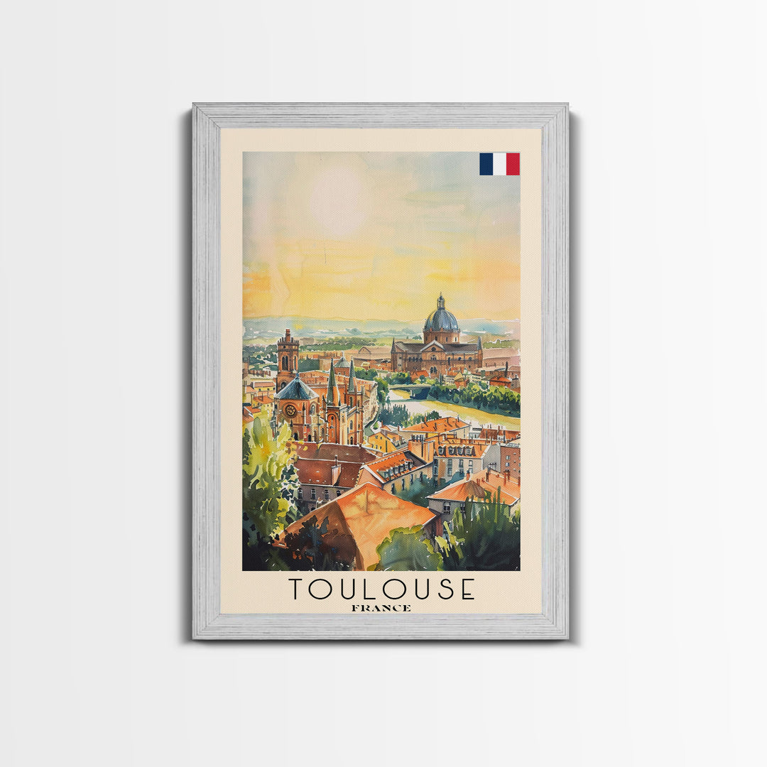 Toulouse France Travel Poster Framed Canvas Print, Watercolor Painting, Urban Wall Art, Home Decor, French Architecture, Stylish Decor