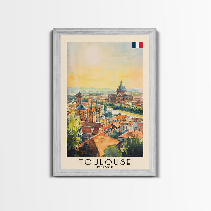 Toulouse France Travel Poster Framed Canvas Print, Watercolor Painting, Urban Wall Art, Home Decor, French Architecture, Stylish Decor