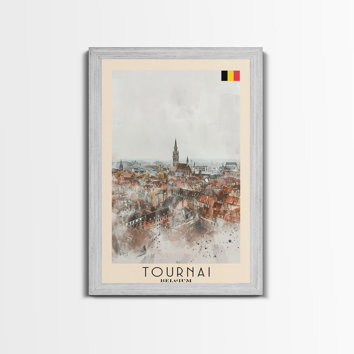 Tournai Belgium Travel Poster Framed Canvas Print, Watercolor Painting, Historic Wall Art, Home Decor, Belgian Cityscape, Heritage Art