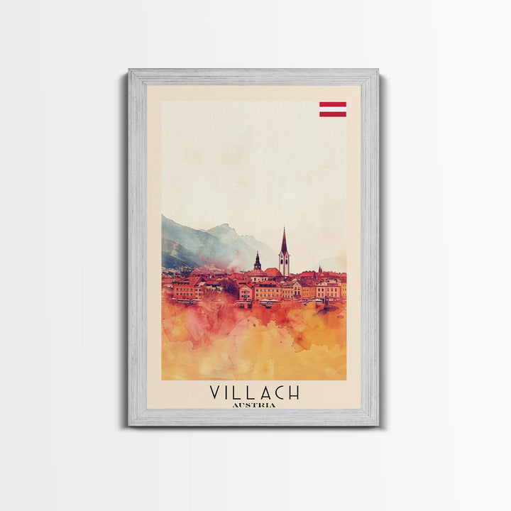 Villach Austria Travel Poster Framed Canvas Print, Watercolor Painting, Scenic Wall Art, Home Decor, Austrian Landscape, Alpine Art