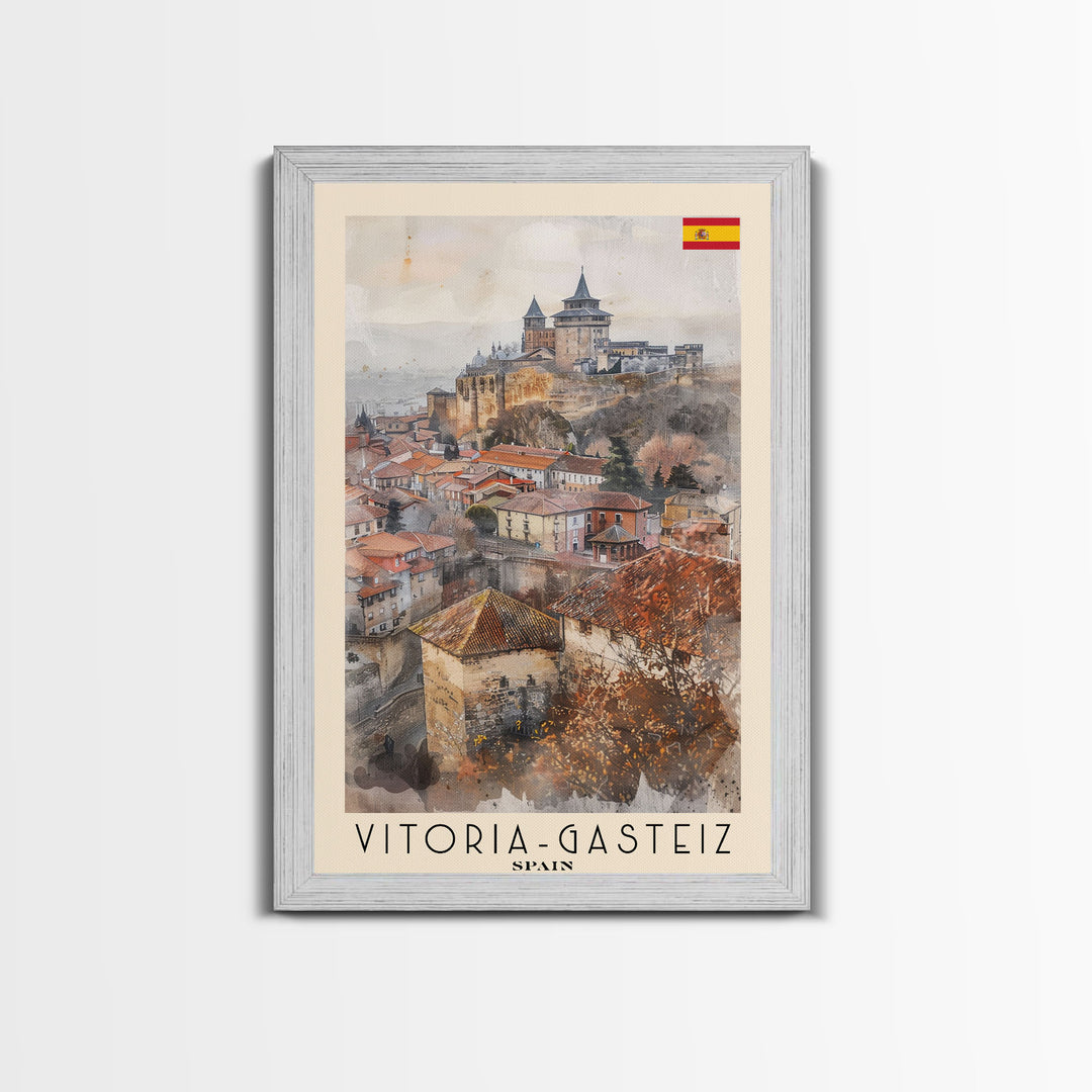 Vitoria Gasteiz Spain Travel Poster Framed Canvas Print, Watercolor Painting, Urban Wall Art, Home Decor, Spanish Cityscape, Trendy Art