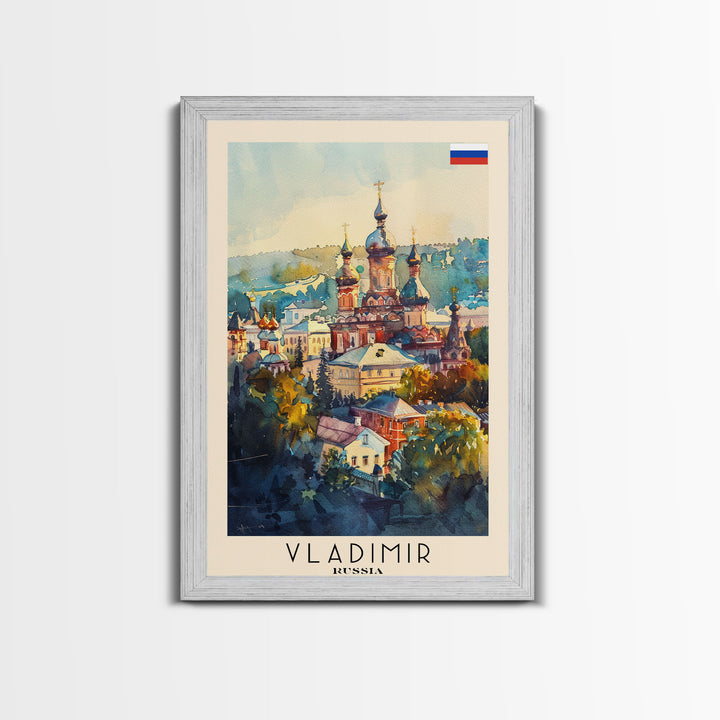 Vladimir Russia Travel Poster Framed Canvas Print, Watercolor Painting, Historic Wall Art, Home Decor, Russian Architecture, Classic Decor