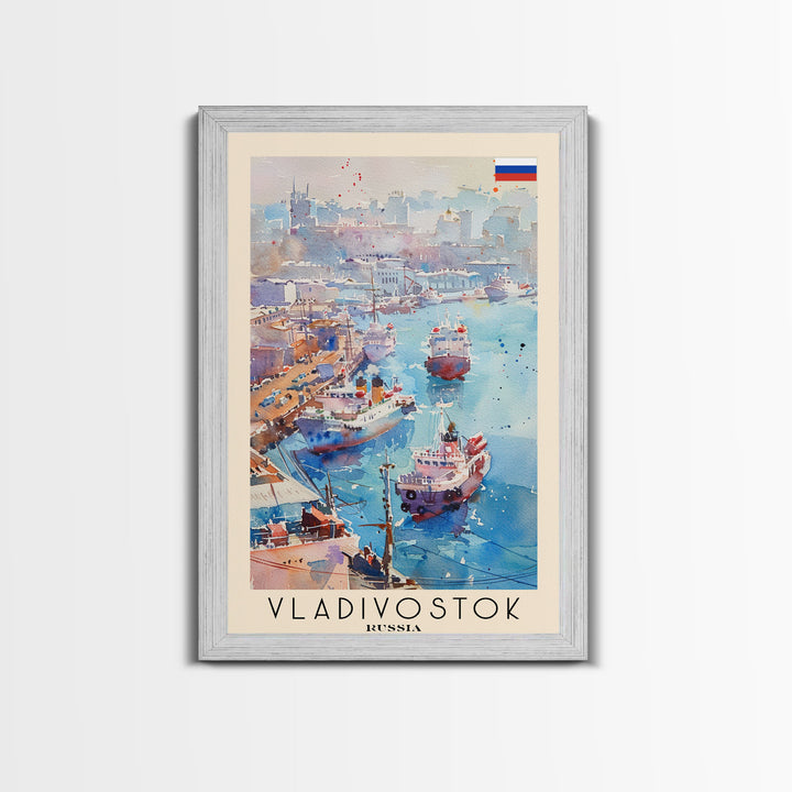 Vladivostok Russia Travel Poster Framed Canvas Print, Watercolor Painting, Coastal Wall Art, Home Decor, Russian Seaside, Nautical Art