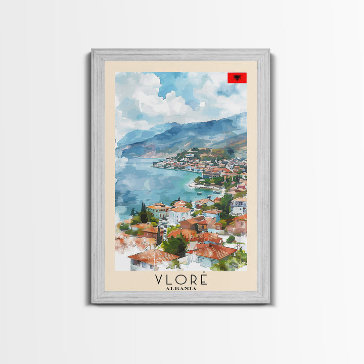 Vlor Albania Travel Poster Framed Canvas Print, Watercolor Painting, Scenic Wall Art, Home Decor, Albanian Landscape, Exotic Decor
