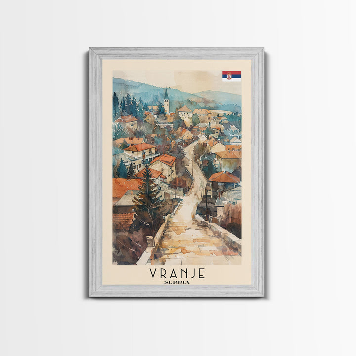 Vranje Serbia Travel Poster Framed Canvas Print, Watercolor Painting, Scenic Wall Art, Home Decor, Serbian Landscape, Traditional Art
