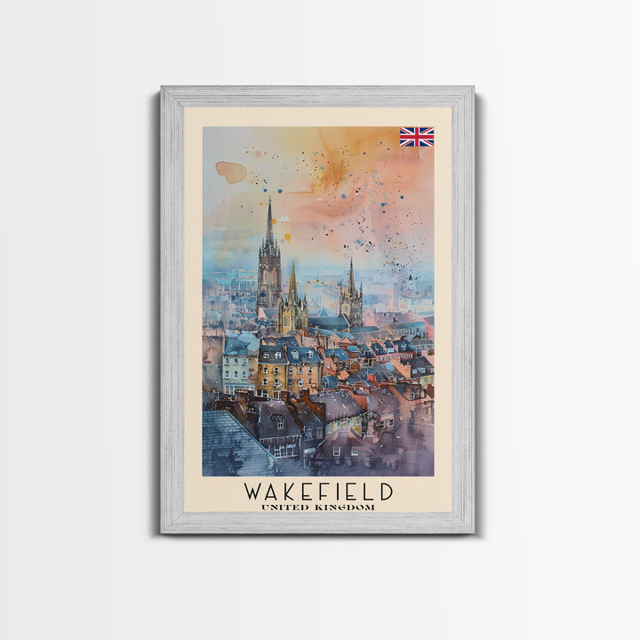 Wakefield United Kingdom Travel Poster Framed Canvas Print, Watercolor Painting, Urban Wall Art, Home Decor, British Cityscape, Elegant Decor