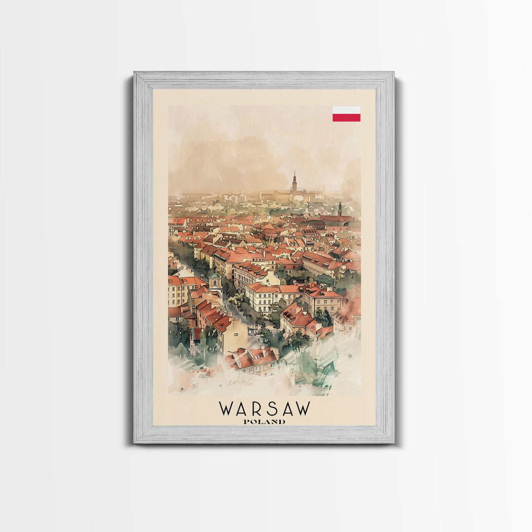 Warsaw Poland Travel Poster Framed Canvas Print, Watercolor Painting, Historic Wall Art, Home Decor, Polish Cityscape, Unique Gift Idea