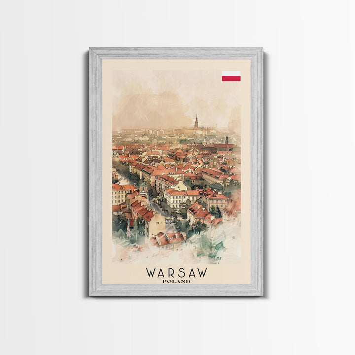 Warsaw Poland Travel Poster Framed Canvas Print, Watercolor Painting, Historic Wall Art, Home Decor, Polish Cityscape, Unique Gift Idea