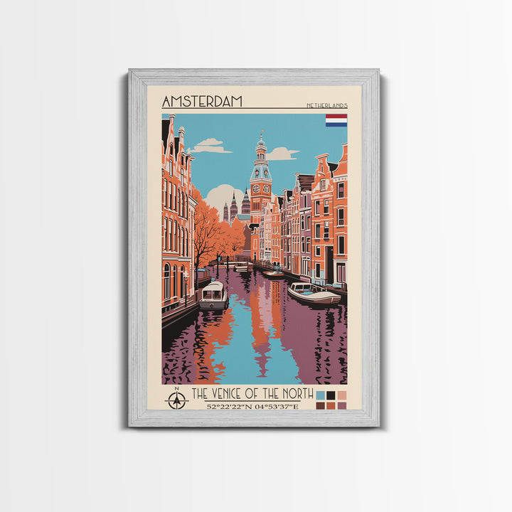 Amsterdam Netherlands Travel Poster Framed Canvas Print, Midcentury Modern Art, Pop Art Decor, Wall Art, Vacation Gift, Living Room Decoration, Scenic Print