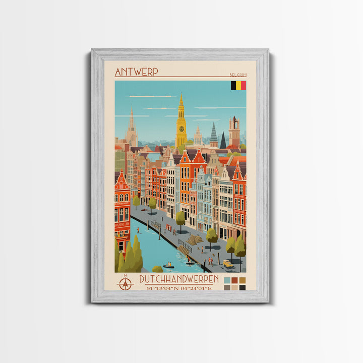 Antwerp Belgium Travel Poster Framed Canvas Print, Midcentury Modern Art, Pop Art Wall Decor, Home Decor, Vacation Gift, Living Room Art