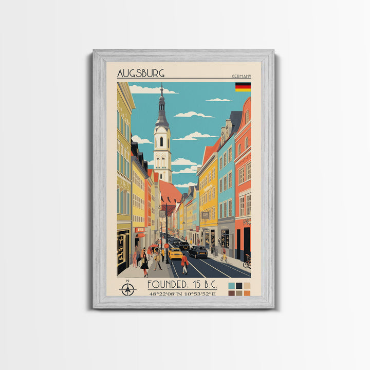 Augsburg Germany Travel Poster Framed Canvas Print, Midcentury Modern Art, Pop Art Wall Decor, Home Decor, Vacation Gift, Living Room Art