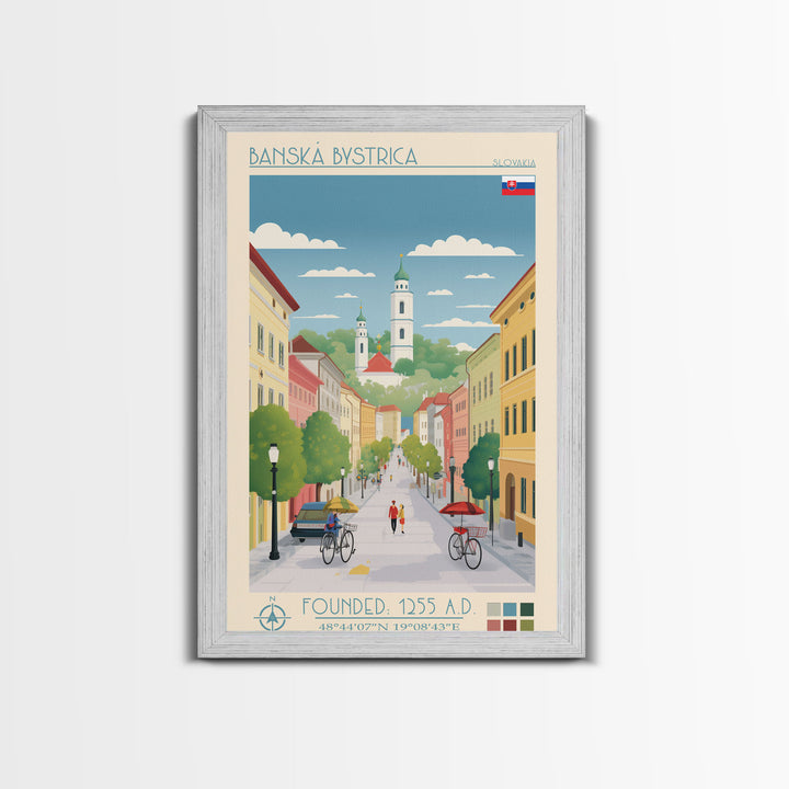 Banská Bystrica City in Slovakia Slovakia Travel Poster Framed Canvas Print, Midcentury Modern Art, Pop Art Wall Decor, Home Decor, Vacation Gift, Living Room Art