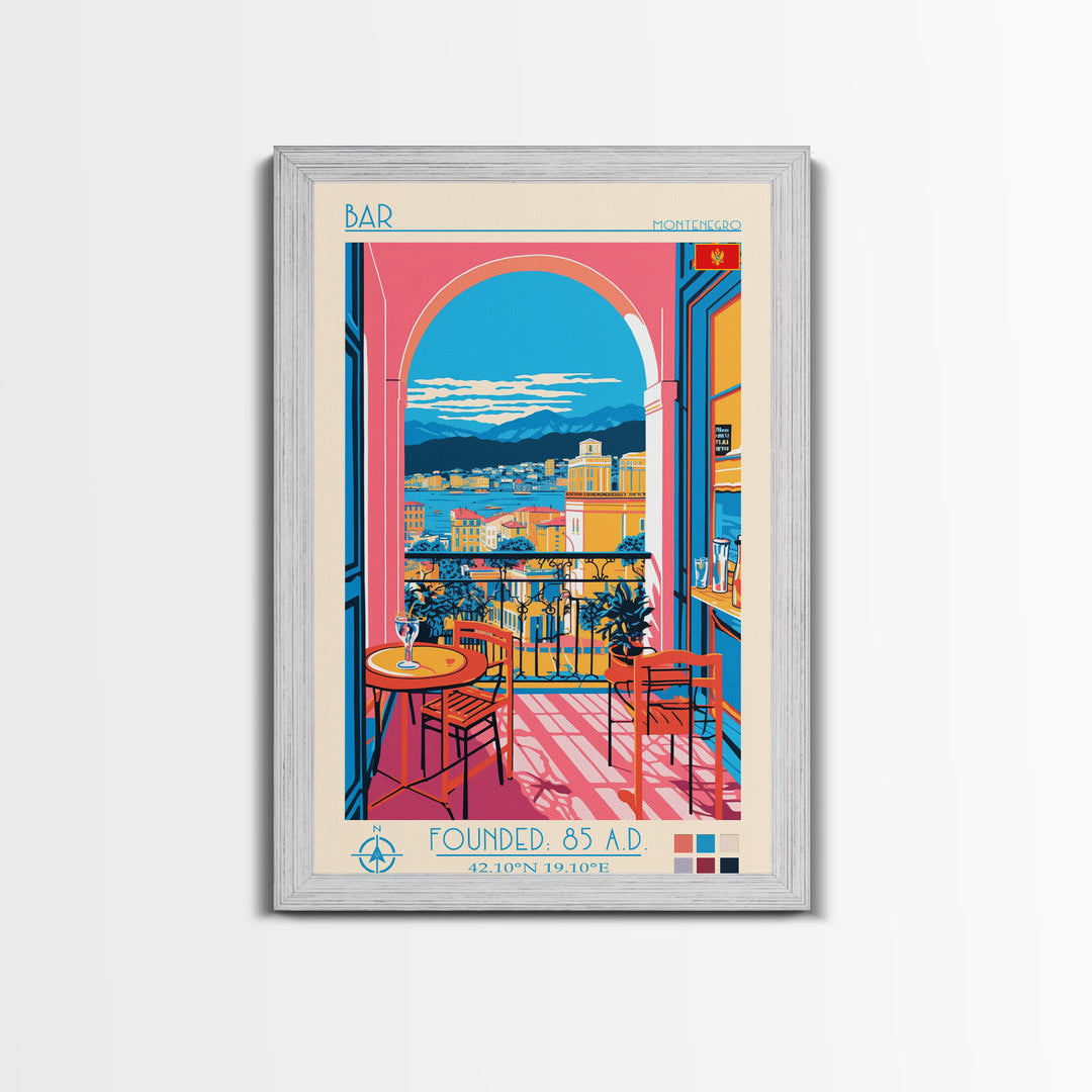 Bar Montenegro Travel Poster Framed Canvas Print, Midcentury Modern Art, Pop Art Wall Decor, Home Decor, Vacation Gift, Living Room Art
