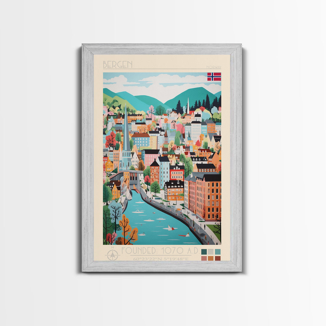 Bergen Norway Travel Poster Framed Canvas Print, Midcentury Modern Art, Pop Art Wall Decor, Home Decor, Vacation Gift, Living Room Art