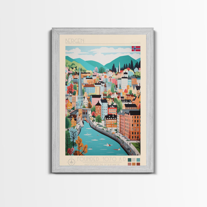 Bergen Norway Travel Poster Framed Canvas Print, Midcentury Modern Art, Pop Art Wall Decor, Home Decor, Vacation Gift, Living Room Art