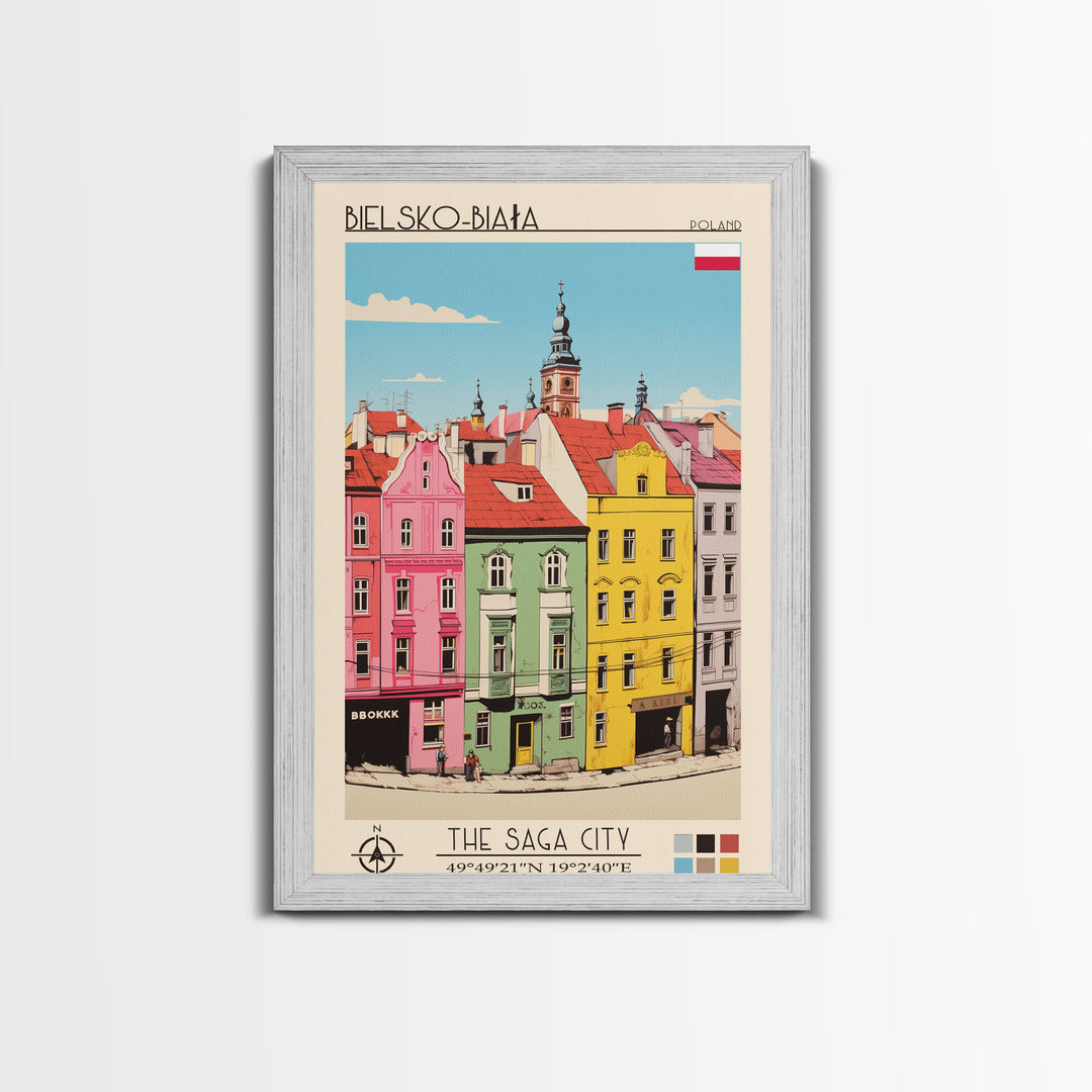 Bielsko-Biała Poland Travel Poster Framed Canvas Print, Vintage Style, Pop Art Home Decor, Scenic Wall Art, Living Room Decoration
