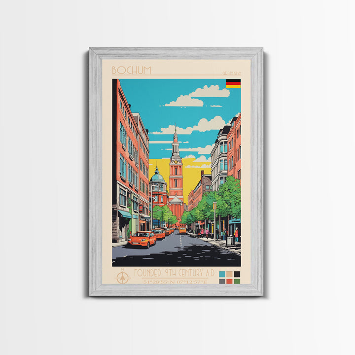 Bochum Germany Travel Poster Framed Canvas Print, Midcentury Modern Art, Pop Art Wall Decor, Home Decor, Living Room Art, Scenic View