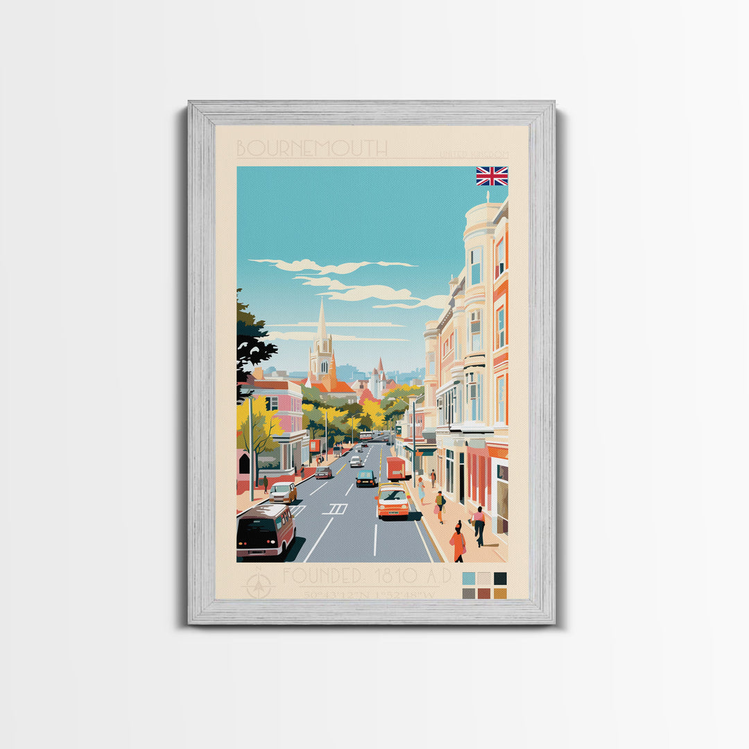 Bournemouth United Kingdom Travel Poster Framed Canvas Print, Midcentury Modern Art, Pop Art Wall Decor, Scenic Wall Art, Living Room Art