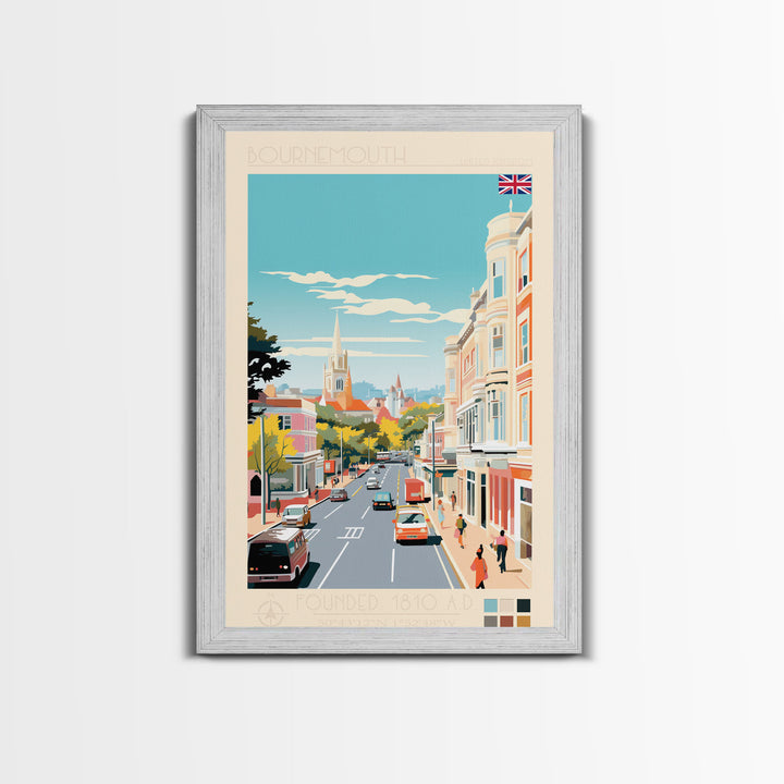 Bournemouth United Kingdom Travel Poster Framed Canvas Print, Midcentury Modern Art, Pop Art Wall Decor, Scenic Wall Art, Living Room Art