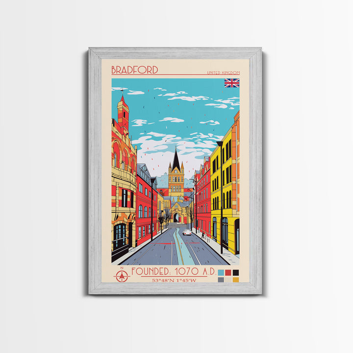Bradford United Kingdom Travel Poster Framed Canvas Print, Midcentury Modern Art, Pop Art Wall Decor, Home Decor, Vacation Gift, Living Room Art