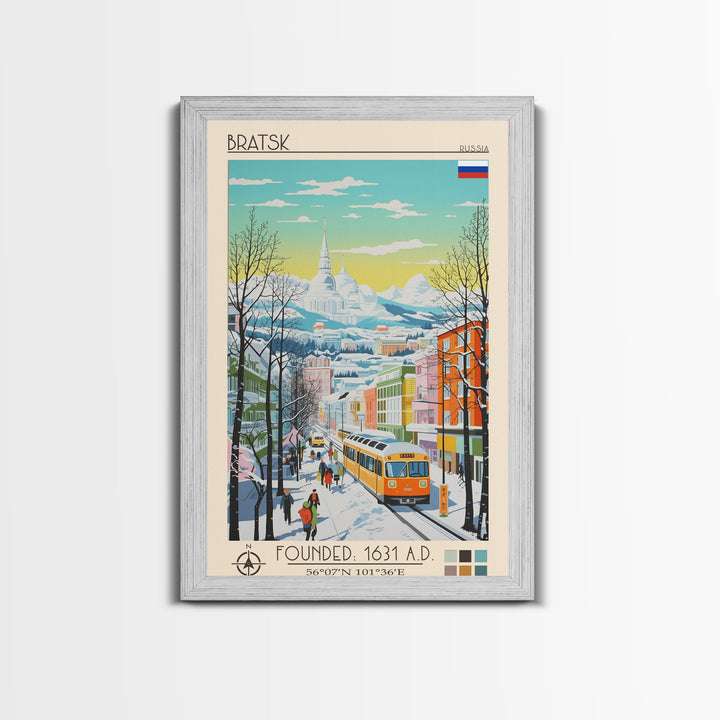 Bratsk Russia Travel Poster Framed Canvas Print, Midcentury Modern Art, Pop Art Wall Decor, Home Decor, Vacation Gift, Living Room Art