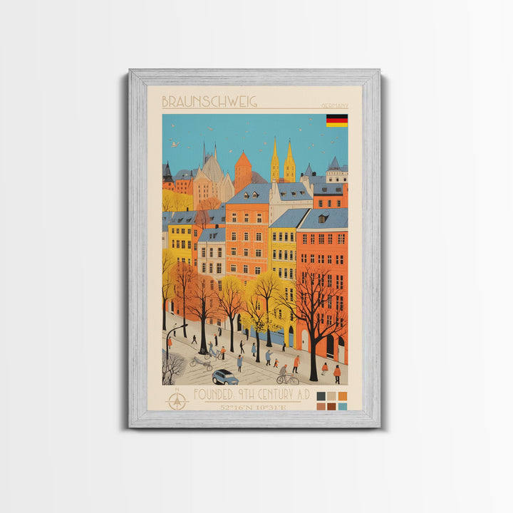 Braunschweig Germany Travel Poster Framed Canvas Print, Midcentury Modern Art, Pop Art Wall Decor, Scenic Wall Art, Home Decor, Living Room Art