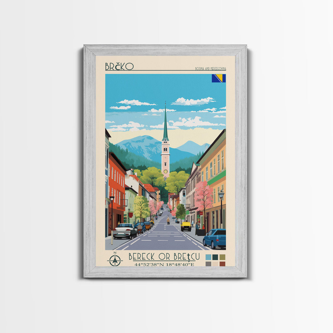 Brčko Bosnia and Herzegovina Travel Poster Framed Canvas Print, Midcentury Modern Art, Pop Art Wall Decor, Home Decor, Living Room Art