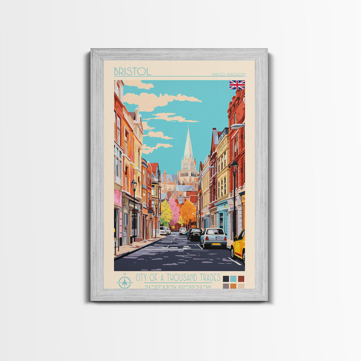 Bristol United Kingdom Travel Poster Framed Canvas Print, Midcentury Modern Art, Pop Art Wall Decor, Scenic Wall Art, Living Room Art