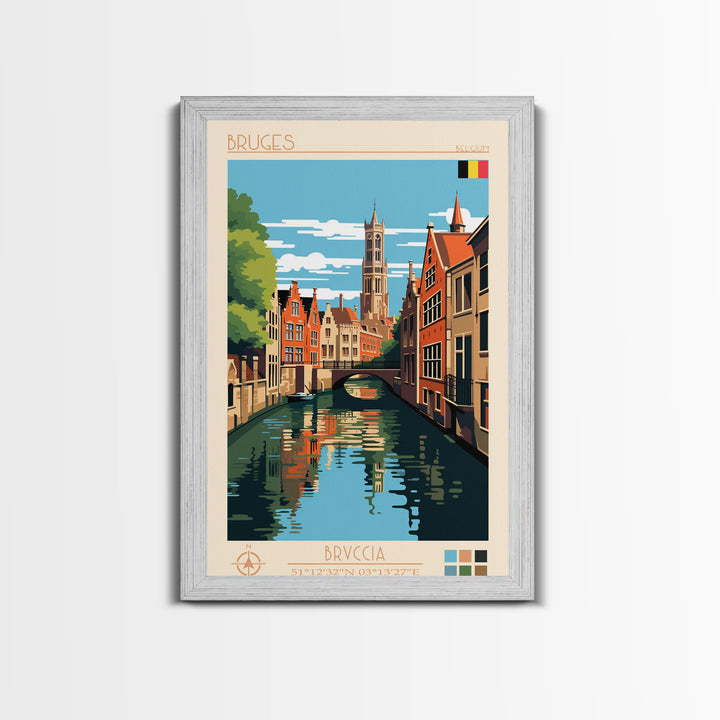 Bruges Belgium Travel Poster Framed Canvas Print, Vintage Style, Pop Art Home Decor, Scenic Wall Art, Living Room Decoration, Artistic Gift