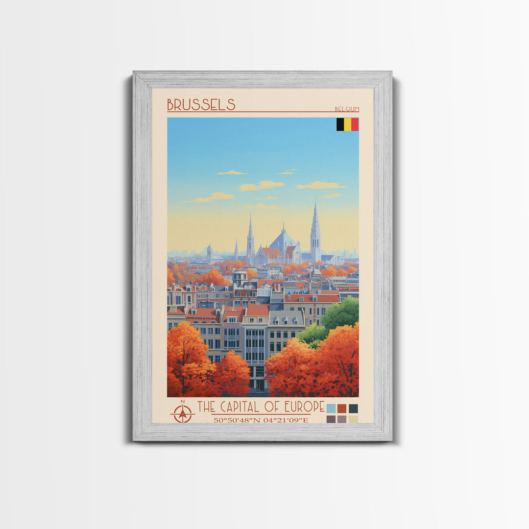 Brussels Belgium Travel Poster Framed Canvas Print, Midcentury Modern Art, Pop Art Wall Decor, Home Decor, Vacation Gift, Living Room Art