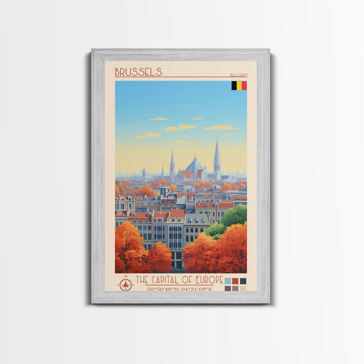 Brussels Belgium Travel Poster Framed Canvas Print, Midcentury Modern Art, Pop Art Wall Decor, Home Decor, Vacation Gift, Living Room Art