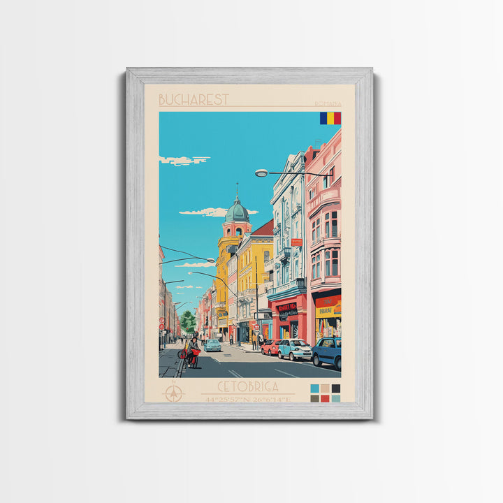 Bucharest Romania Travel Poster Framed Canvas Print, Midcentury Modern Art, Pop Art Wall Decor, Home Decor, Vacation Gift, Living Room Art