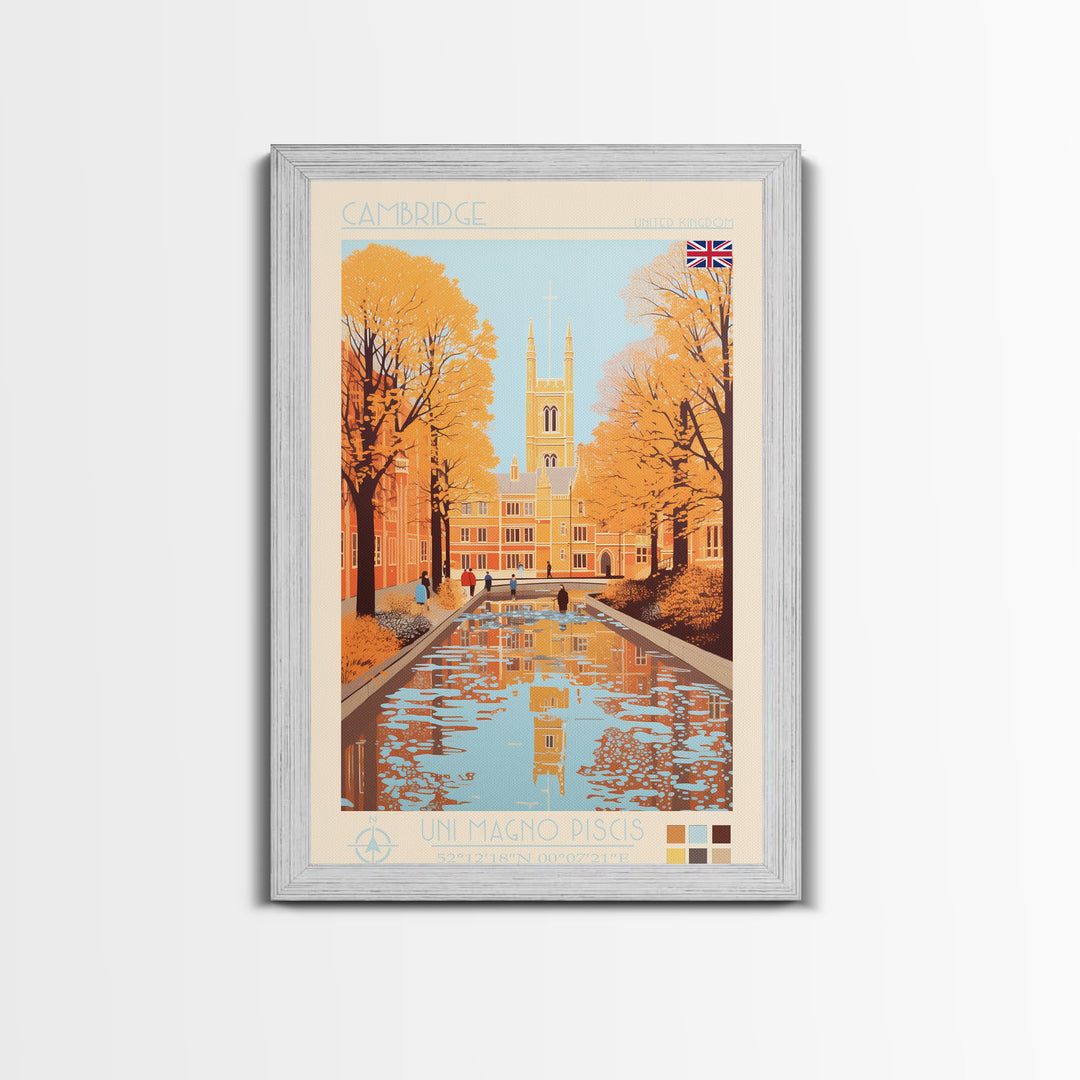 Cambridge United Kingdom Travel Poster Framed Canvas Print, Midcentury Modern Art, Pop Art Wall Decor, Home Decor, Vacation Gift, Living Room Art