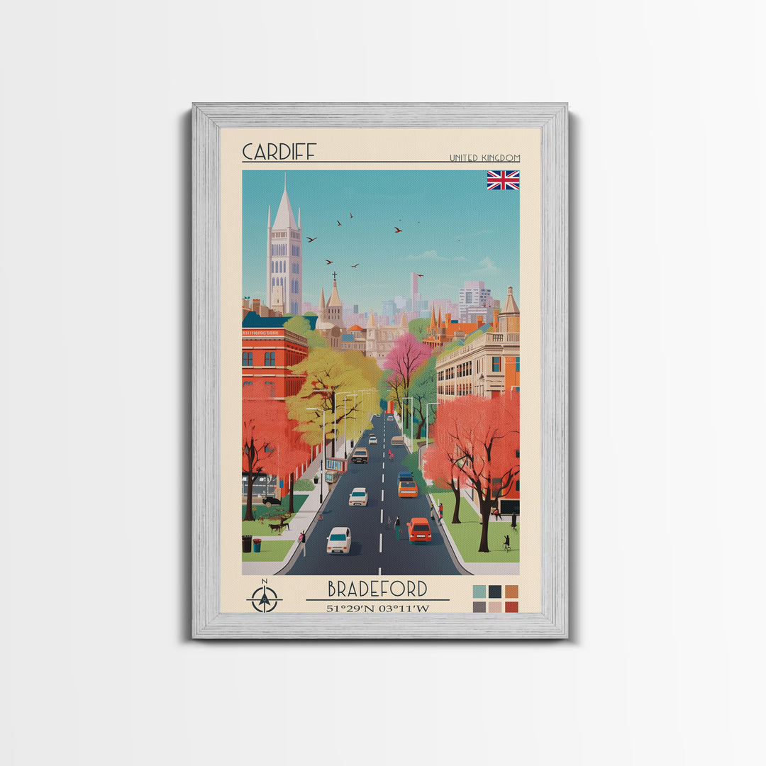 Cardiff United Kingdom Travel Poster Framed Canvas Print, Midcentury Modern Art, Pop Art Wall Decor, Home Decor, Vacation Gift, Living Room Art