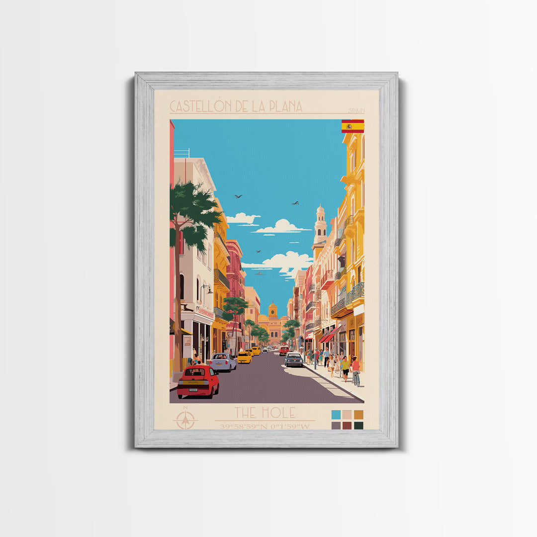 Castellón de la Plana Spain Travel Poster Framed Canvas Print, Midcentury Modern Art, Pop Art Wall Decor, Home Decor, Vacation Gift, Living Room Art