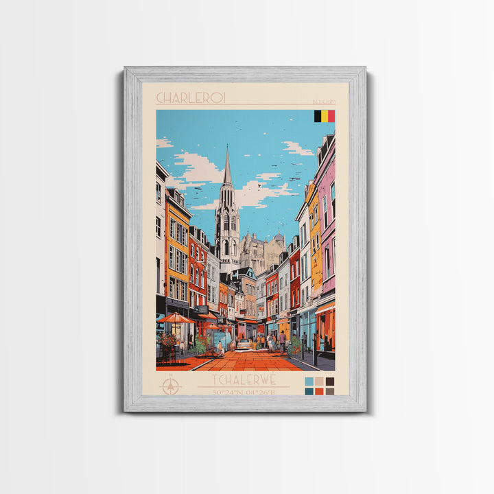 Charleroi Belgium Travel Poster Framed Canvas Print, Midcentury Modern Art, Pop Art Wall Decor, Home Decor, Vacation Gift, Living Room Art