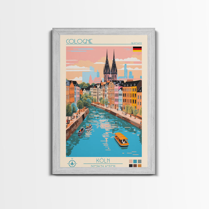 Cologne Germany Travel Poster Framed Canvas Print, Midcentury Modern Art, Pop Art Wall Decor, Scenic Wall Art, Living Room Art