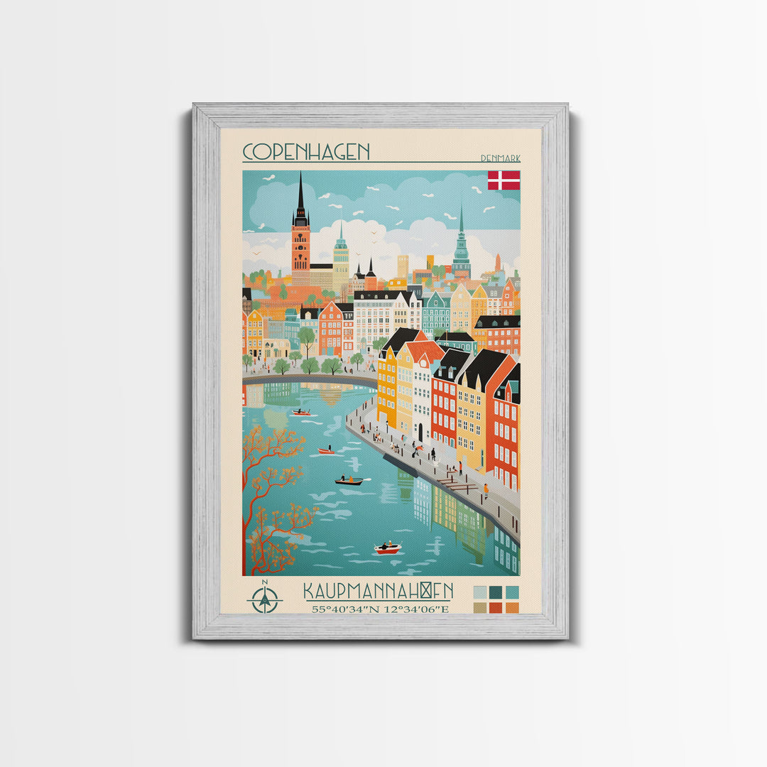 Copenhagen Denmark Travel Poster Framed Canvas Print, Vintage Style, Pop Art Home Decor, Scenic Wall Art, Living Room Decoration, Artistic Gift