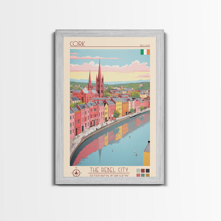 Cork Ireland Travel Poster Framed Canvas Print, Midcentury Modern Art, Pop Art Wall Decor, Home Decor, Vacation Gift, Living Room Art