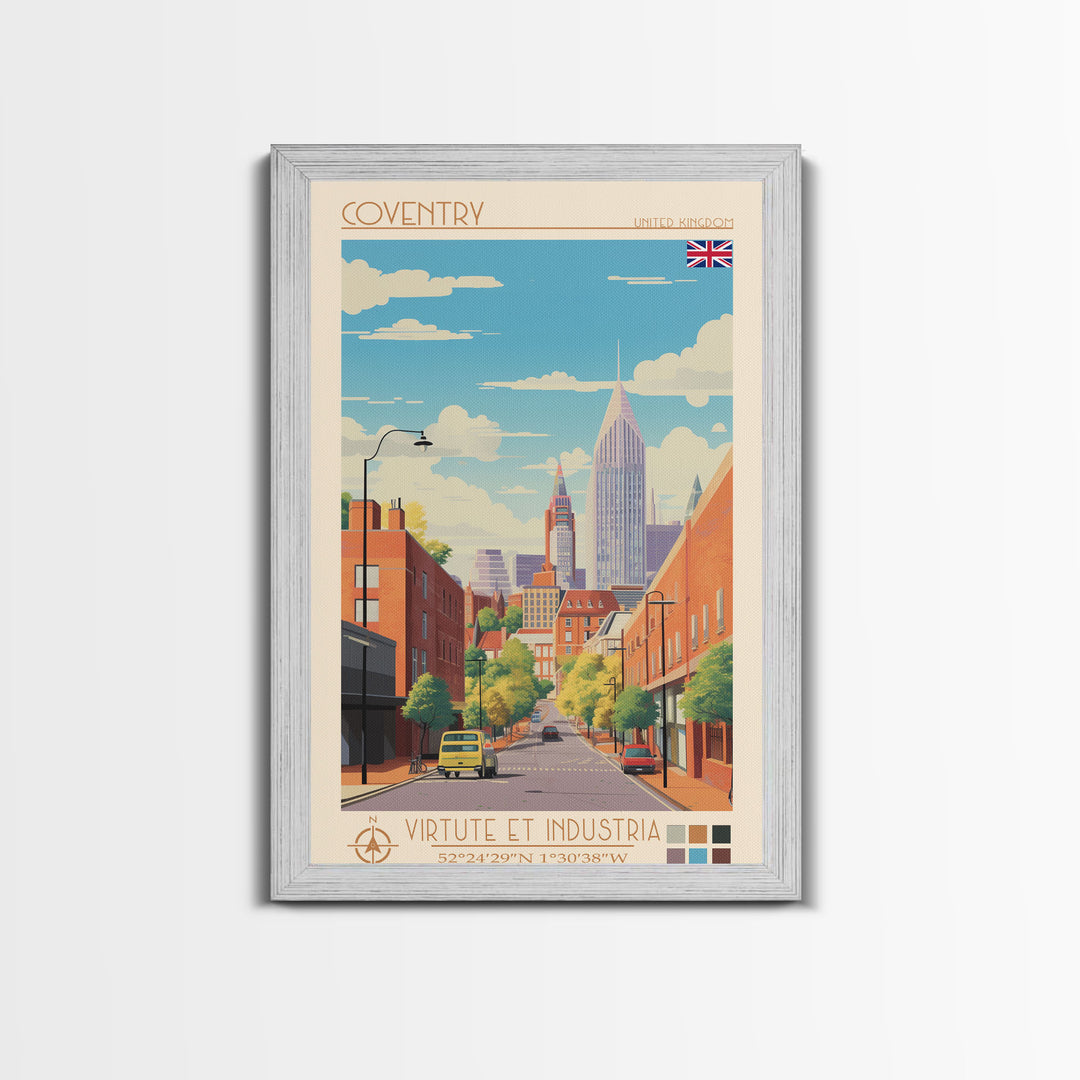 Coventry United Kingdom Travel Poster Framed Canvas Print, Midcentury Modern Art, Pop Art Wall Decor, Home Decor, Vacation Gift, Living Room Art
