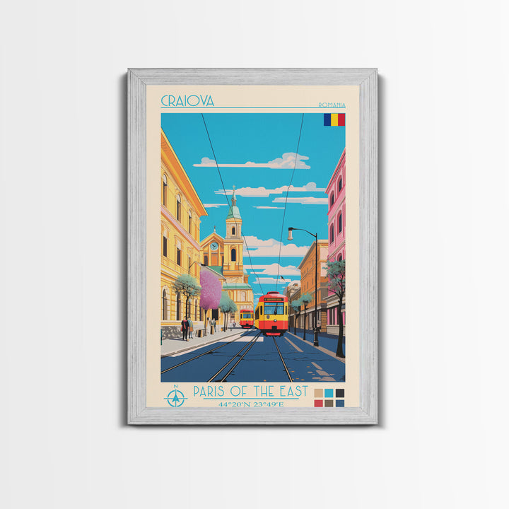 Craiova Romania Travel Poster Framed Canvas Print, Midcentury Modern Art, Pop Art Wall Decor, Home Decor, Vacation Gift, Living Room Art