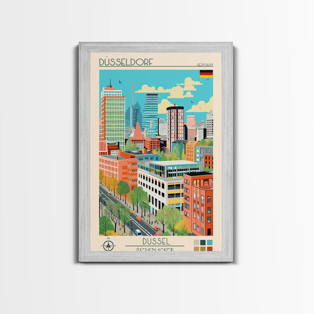 Düsseldorf Germany Travel Poster Framed Canvas Print, Midcentury Modern Art, Pop Art Wall Decor, Home Decor, Vacation Gift, Office Art
