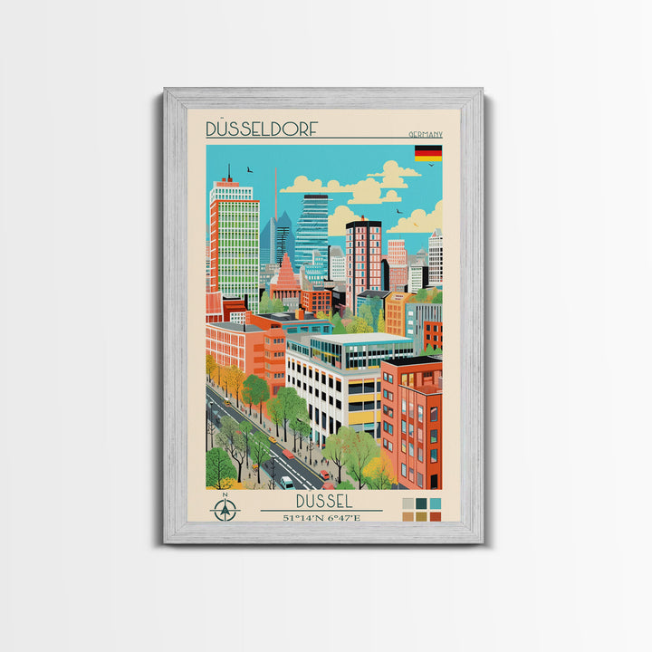 Düsseldorf Germany Travel Poster Framed Canvas Print, Midcentury Modern Art, Pop Art Wall Decor, Home Decor, Vacation Gift, Office Art