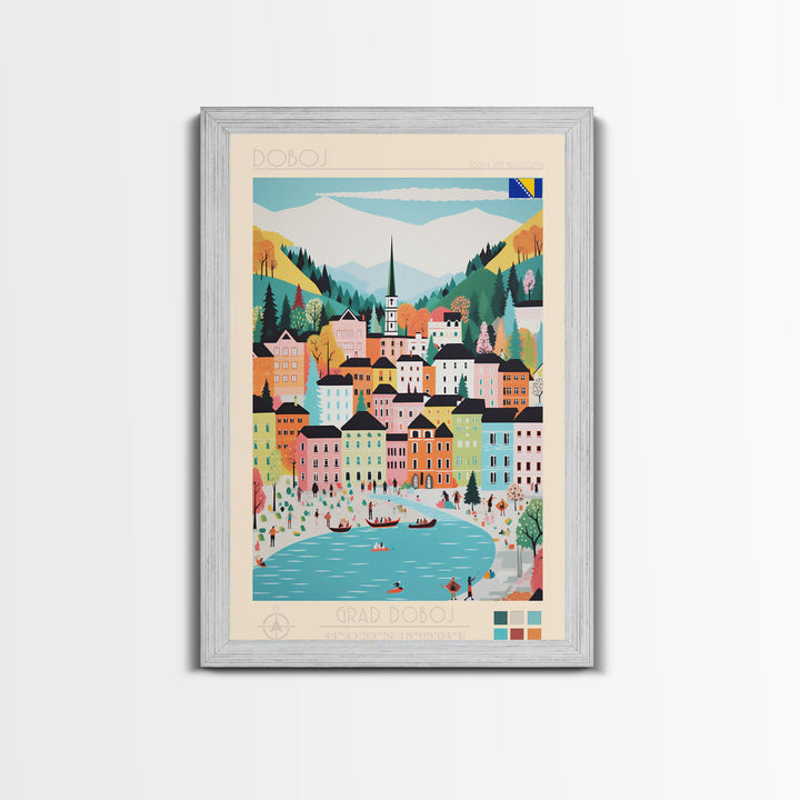 Doboj Bosnia and Herzegovina Travel Poster Framed Canvas Print, Midcentury Modern Art, Pop Art Wall Decor, Home Decor, Vacation Gift, Living Room Art