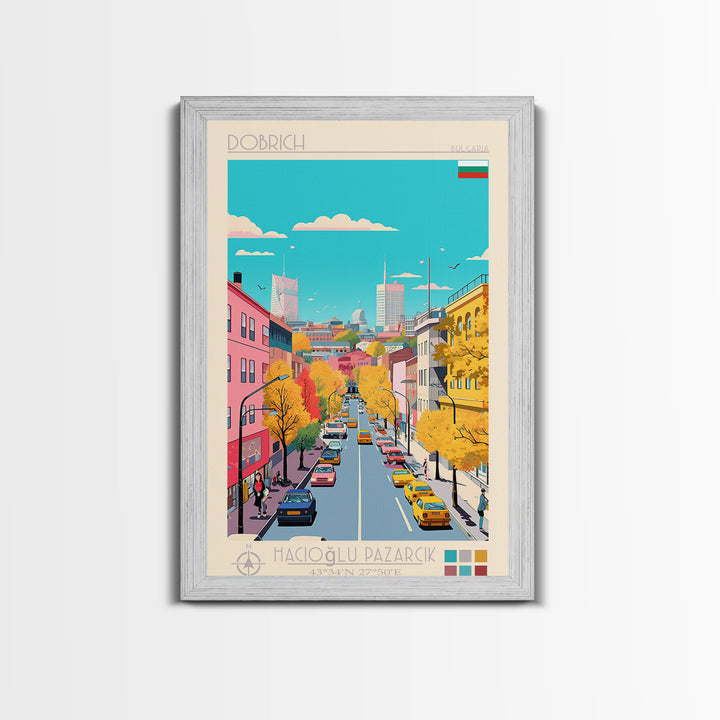 Dobrich Bulgaria Travel Poster Framed Canvas Print, Midcentury Modern Art, Pop Art Wall Decor, Home Decor, Vacation Gift, Living Room Art