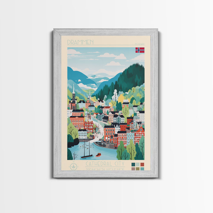 Drammen Norway Travel Poster Framed Canvas Print, Midcentury Modern Art, Pop Art Wall Decor, Home Decor, Vacation Gift, Living Room Art