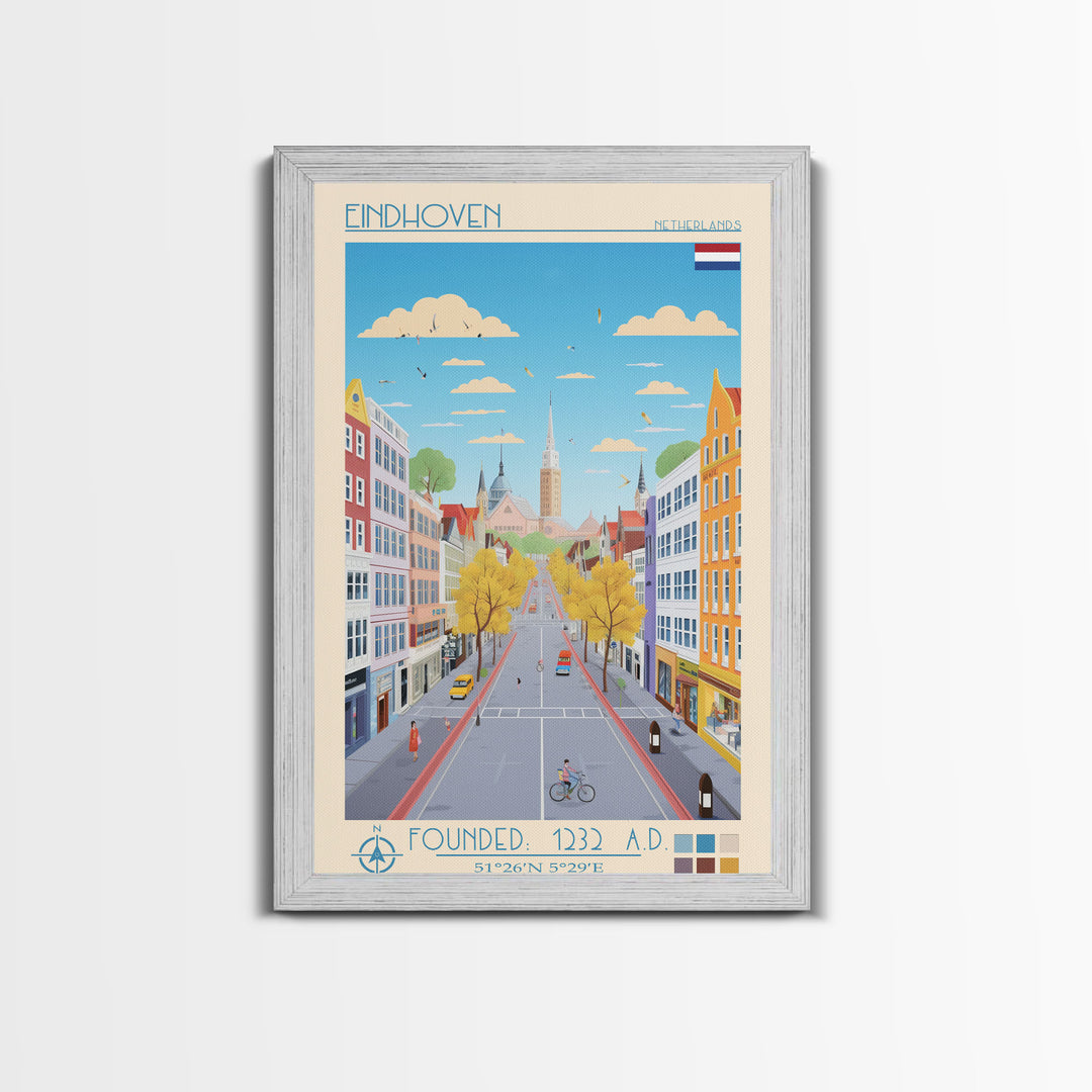 Eindhoven Netherlands Travel Poster Framed Canvas Print, Midcentury Modern Art, Pop Art Wall Decor, Scenic Living Room Art, Bedroom Gift