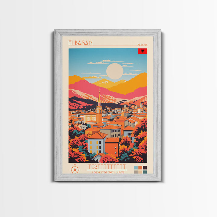 Elbasan Albania Travel Poster Framed Canvas Print, Midcentury Modern Art, Pop Art Wall Decor, Home Decor, Vacation Gift, Bedroom Art