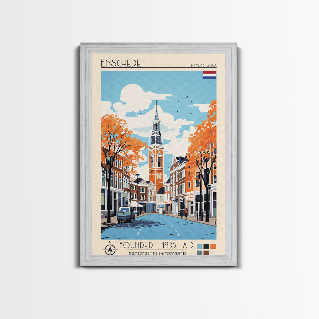 Enschede Netherlands Travel Poster Framed Canvas Print, Midcentury Modern Art, Pop Art Wall Decor, Scenic Wall Art, Bedroom Decoration